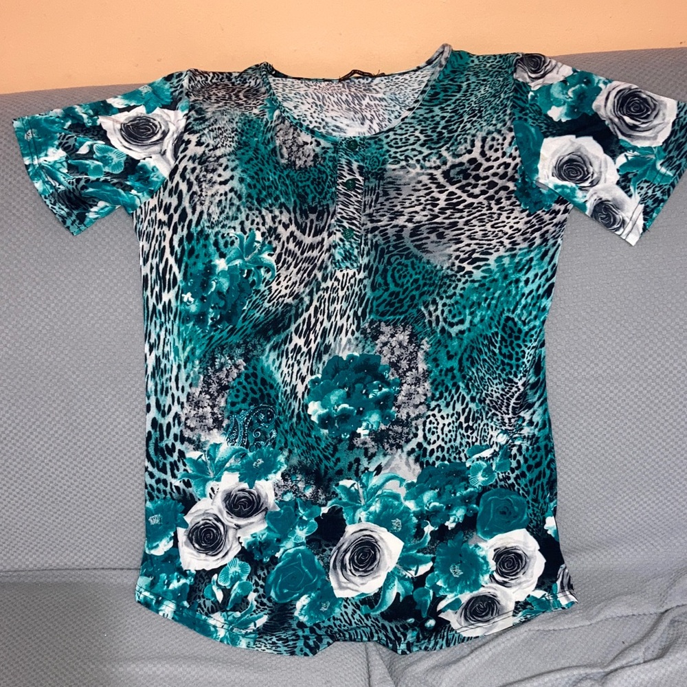Teal and Black Floral Print Women's Button Down Shirt